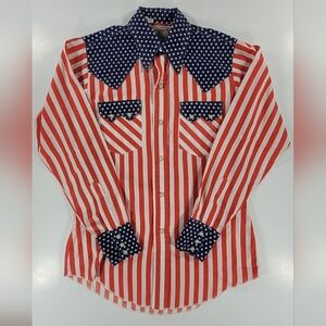 Vintage 1960s Dee Cee American Flag Patriotic Western Pearl Snap Shirt 14.5-33